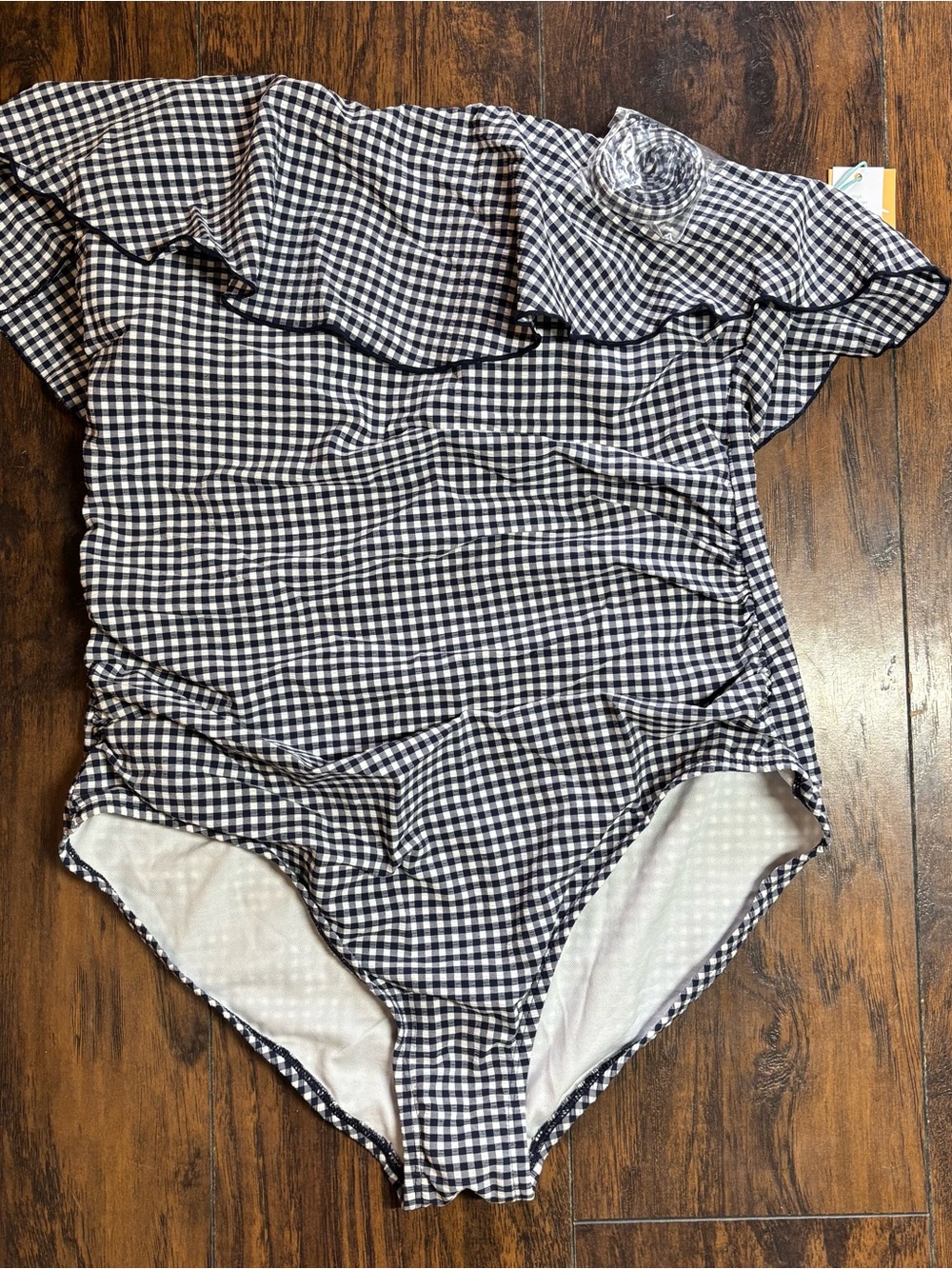 Women’s Navy & White Gingham One-Piece Swimsuit with Ruffle and Removable Strap